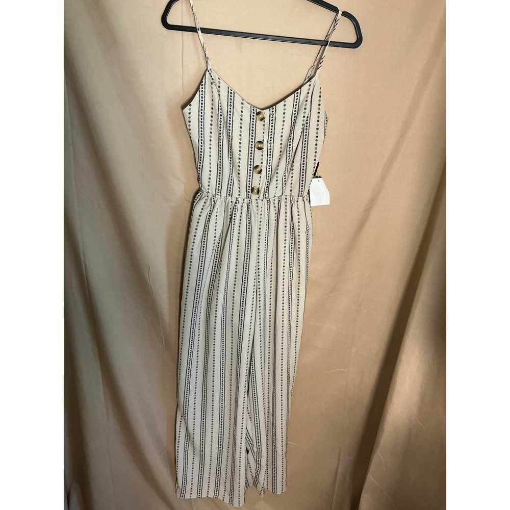 Liberty Love Jumpsuit Womens Small Ivory Black Stripe NWT Boho Wide Leg Smocked